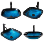 Logmey 16" Square Tempered Glass Bathroom Vessel Sink Set with Faucet