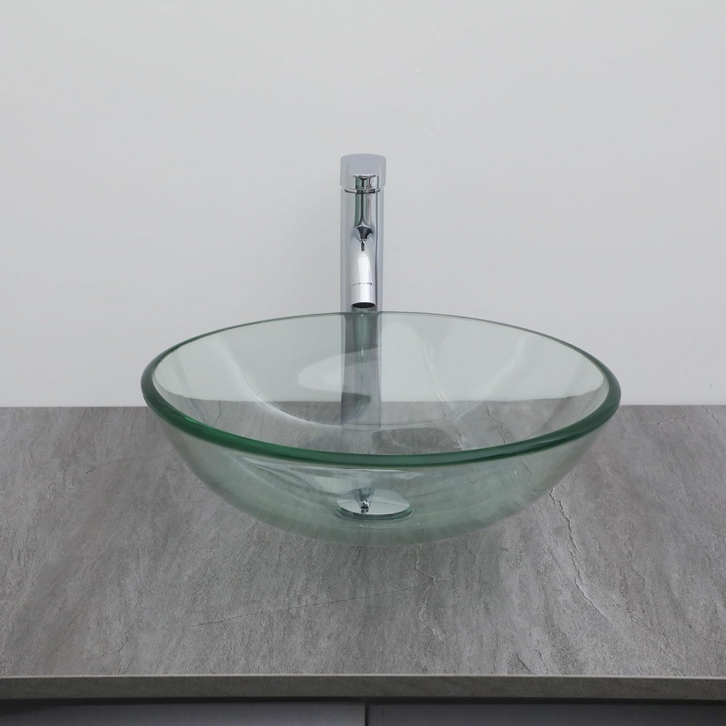 Logmey 16" Glass Bathroom Vessel Sink with Faucet and Pop up Drain Set,Countertop Round Bowl Glass Art Basin,Clear