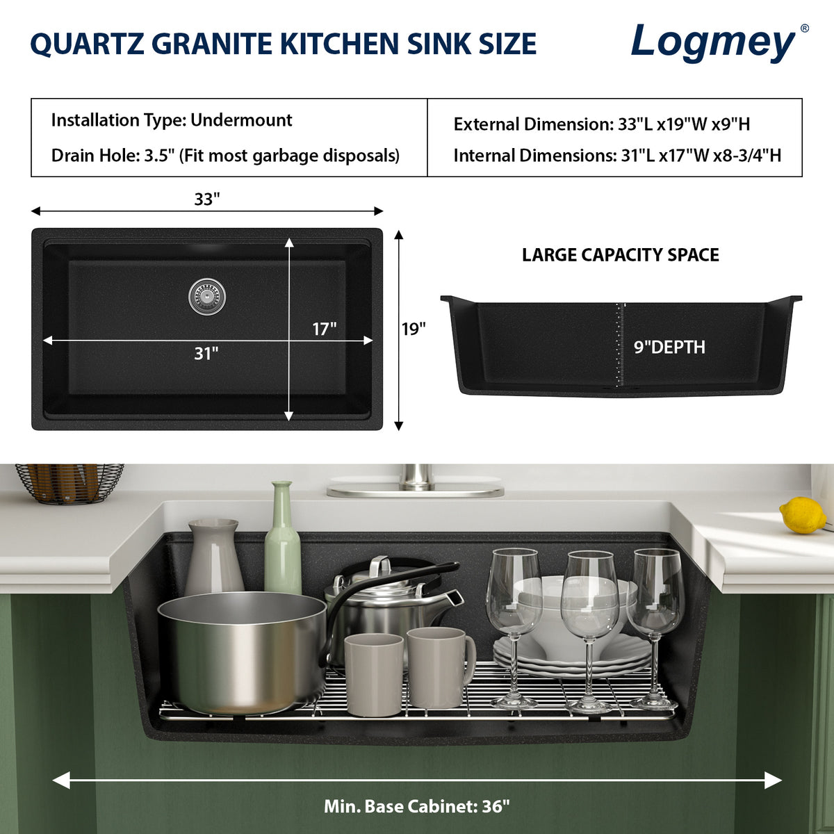 Logmey 33x19 Seamless Undermount Black Quartz Kitchen Sink Combo