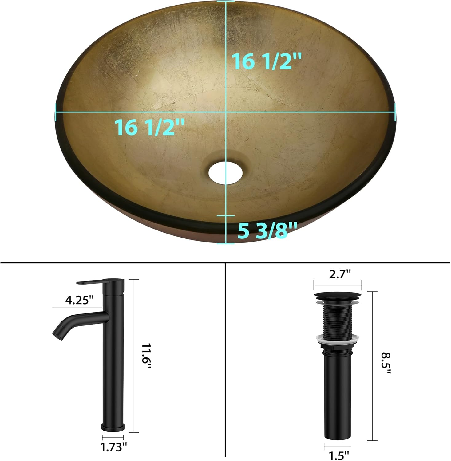 Logmey 16" Glass Bathroom Vessel Sink Vanity Countertop Round Bowl with Black Faucet and Chrome Pop up Drain Set,Glass Art Basin,Light Golden Amber