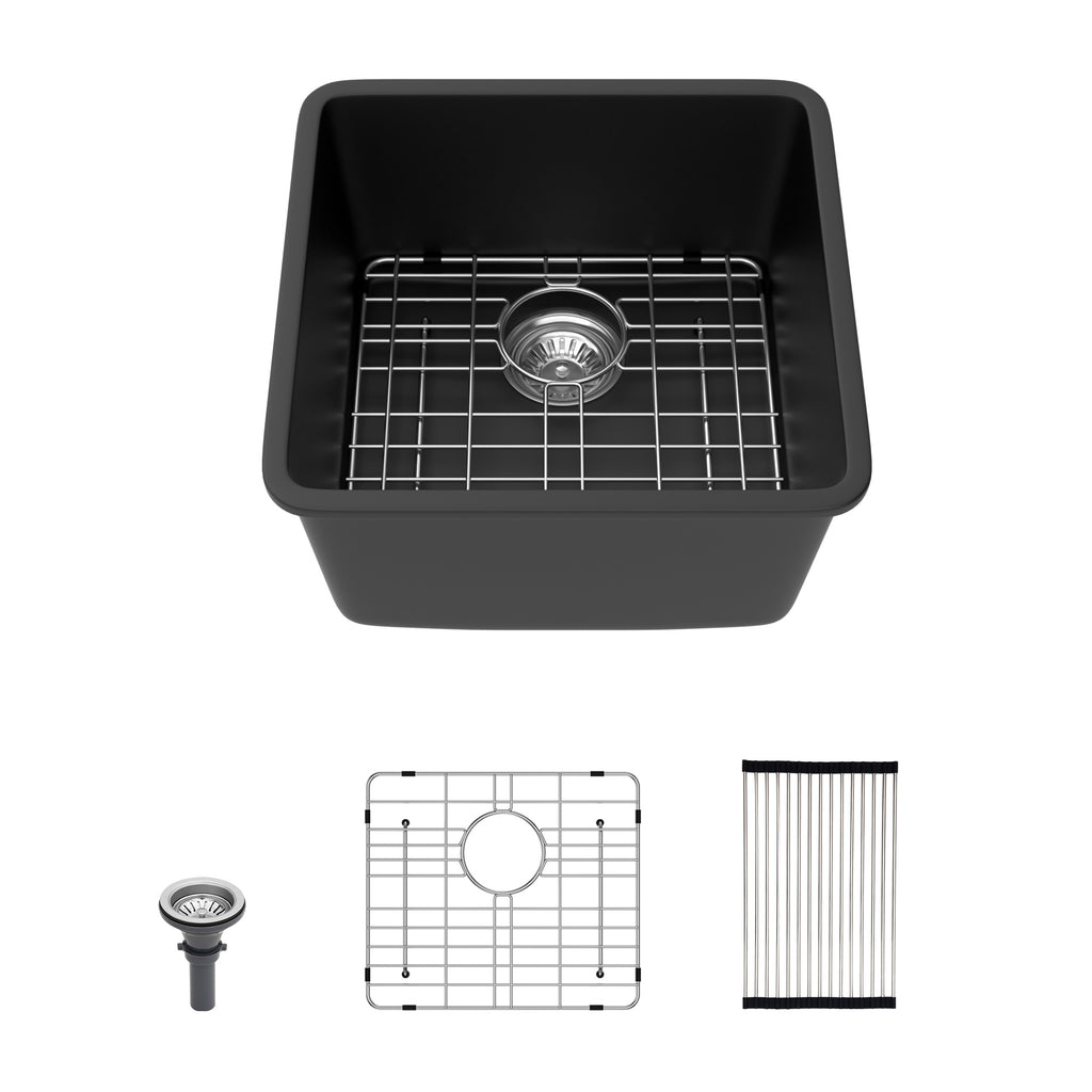 Logmey 17'' x 17'' Undermount Quartz Composite Bar Prep Sink Black