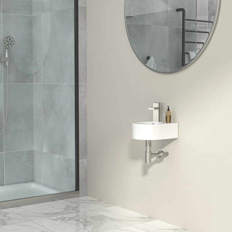 Logmey 10" x 13" Wall Mounted Bathroom Sink - Compact White Ceramic Circular Wall Hung Basin with Faucet Hole