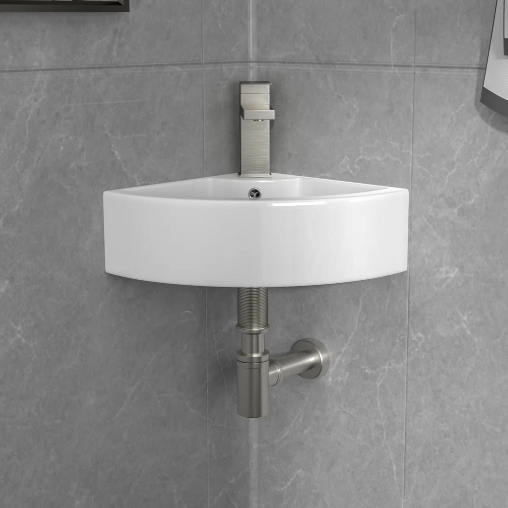 Logmey 18" Corner Wall Mounted Sink - White Floating Triangle Ceramic Basin