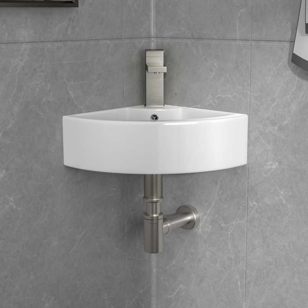 Logmey 18" Corner Wall Mounted Sink - White Floating Triangle Ceramic Basin