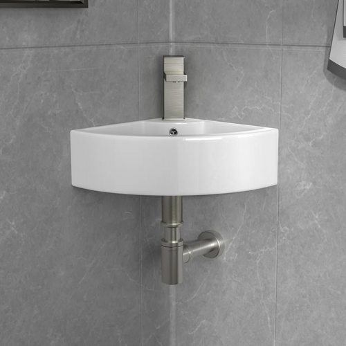 Logmey 18''Corner Wall Mounted Sink - White Floating Triangle Ceramic Basin