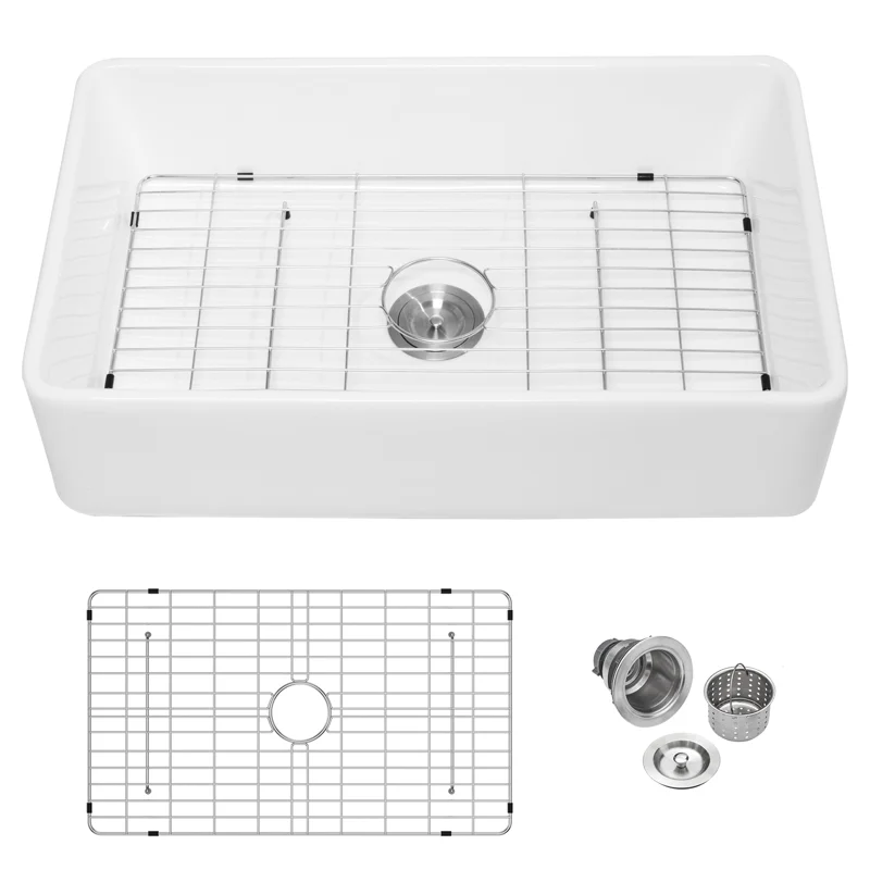 Logmey 33"L x 20"W Farmhouse Kitchen Sink - Apron Front Single Bowl - Matte Black & White Fireclay Ceramic Sink