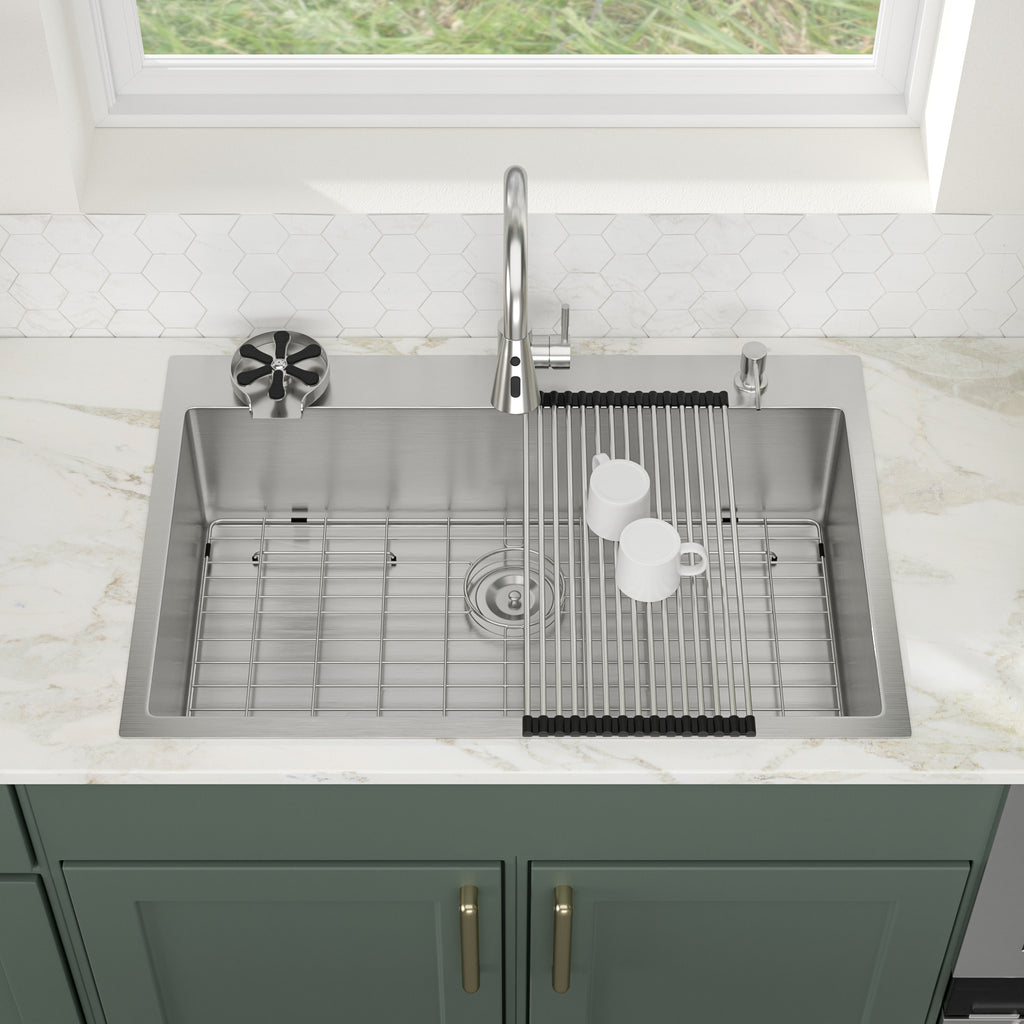 Logmey 33 Inch Topmount Kitchen Sink with Pull-Down Sprayer Faucet & Glass Rinser