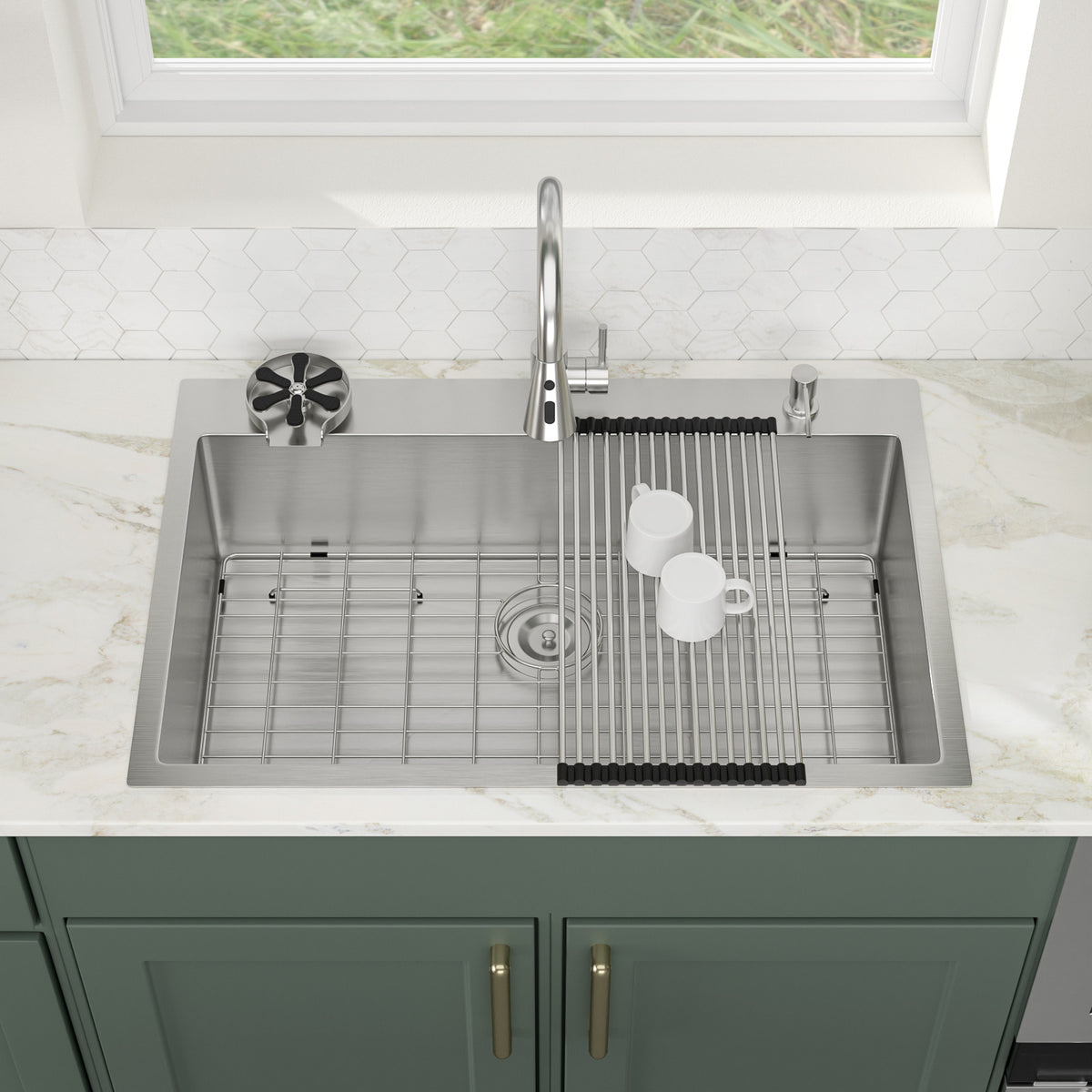Logmey 33 Inch Topmount Kitchen Sink with Pull-Down Sprayer Faucet & Glass Rinser