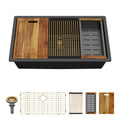 Logmey 33 Inch Black Granite Composite Kitchen Sink Workstation with Brushed Gold Accessories