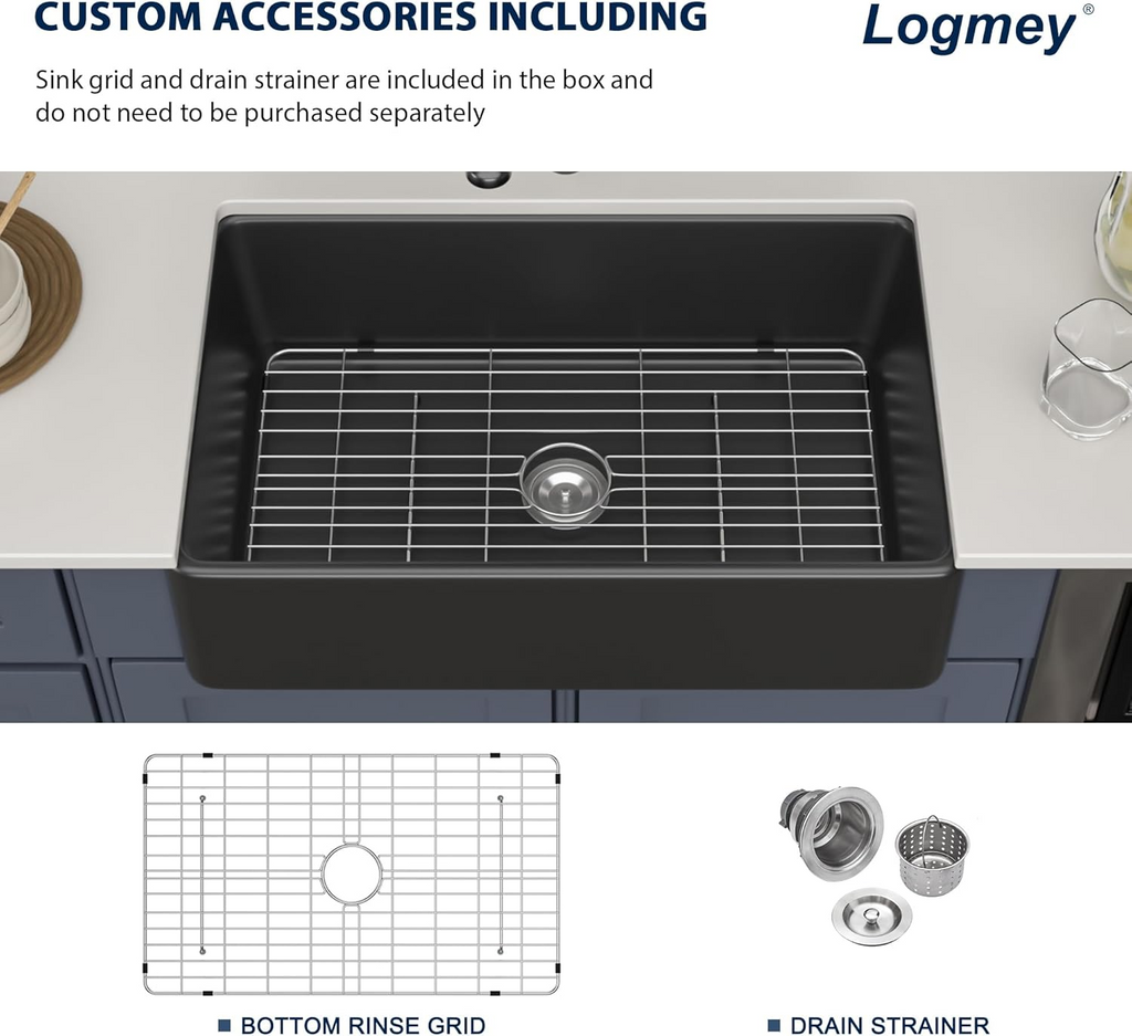 Logmey 33"L x 20"W Farmhouse Kitchen Sink - Apron Front Single Bowl - Matte Black & White Fireclay Ceramic Sink