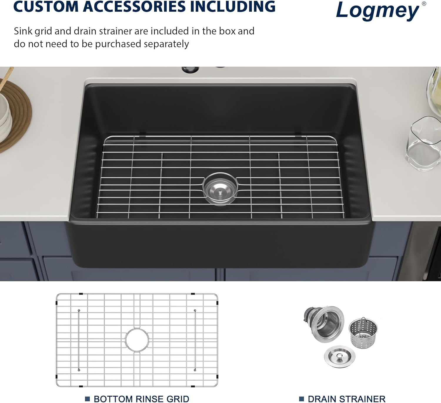 Logmey 33"L x 20"W Farmhouse Kitchen Sink - Apron Front Single Bowl - Matte Black & White Fireclay Ceramic Sink