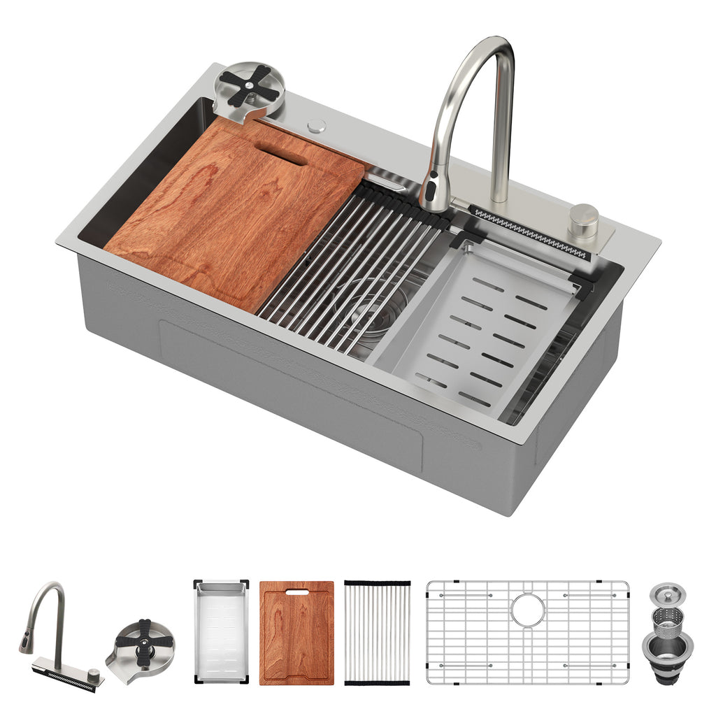 Logmey 33 Inch Topmount Stainless Steel Workstation Sink - Flying Rain Waterfall Pull-Down Faucet