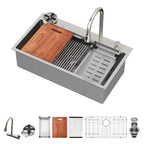 Logmey 33 Inch Topmount Stainless Steel Workstation Sink - Flying Rain Waterfall Pull-Down Faucet