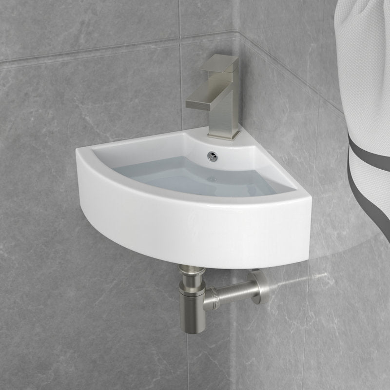 Logmey 18" Corner Wall Mounted Sink - White Floating Triangle Ceramic Basin