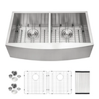LOGMEY 36'' L x 20''W Double Bowl Stainless Steel Farmhouse Kitchen Sink - 16 Gauge Apron Front 50/50 Split Sink with Bottom Grids