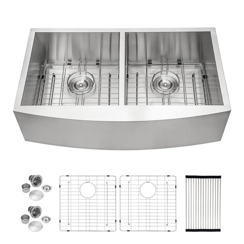 LOGMEY 36'' L x 20''W Double Bowl Stainless Steel Farmhouse Kitchen Sink - 16 Gauge Apron Front 50/50 Split Sink with Bottom Grids