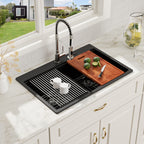 Logmey 33x19 Seamless Black Quartz Culinary Workstation Kitchen Sink Combo