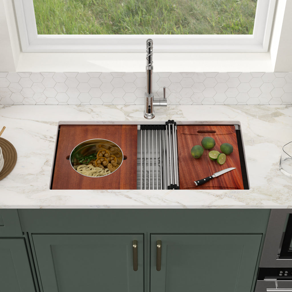 Logmey 36 Inch Undermount Workstation Sink 60/40 Asymmetric Double Basin