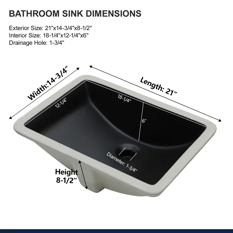 Logmey 21" Matte Black Undermount Bathroom Sink Rectangular Porcelain Lavatory Sink