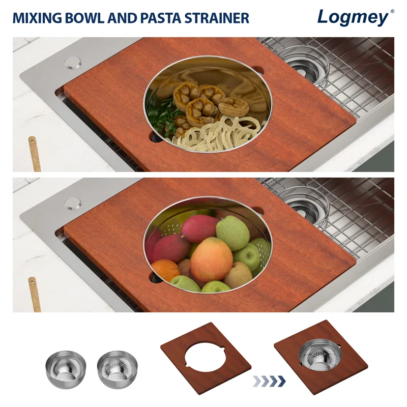 Logmey 45'' Kitchen Sink - Drop-In Single Bowl R10 Round Corner - Silver Stainless Steel Workstation with Premium Mahogany Accessories