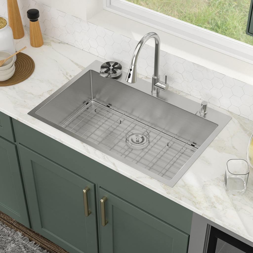 Logmey 33 Inch Topmount Kitchen Sink with Pull-Down Sprayer Faucet & Glass Rinser