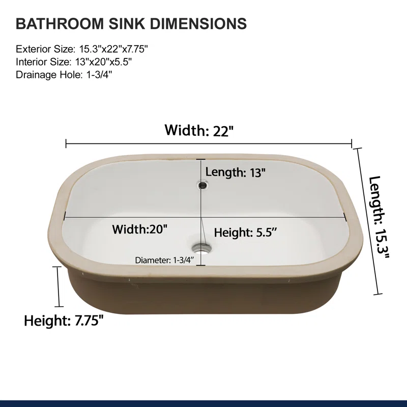 Logmey 22" Undermount Rectangular Bathroom Sink with Overflow