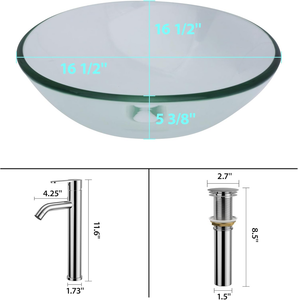 Logmey 16" Glass Bathroom Vessel Sink with Faucet and Pop up Drain Set,Countertop Round Bowl Glass Art Basin,Clear
