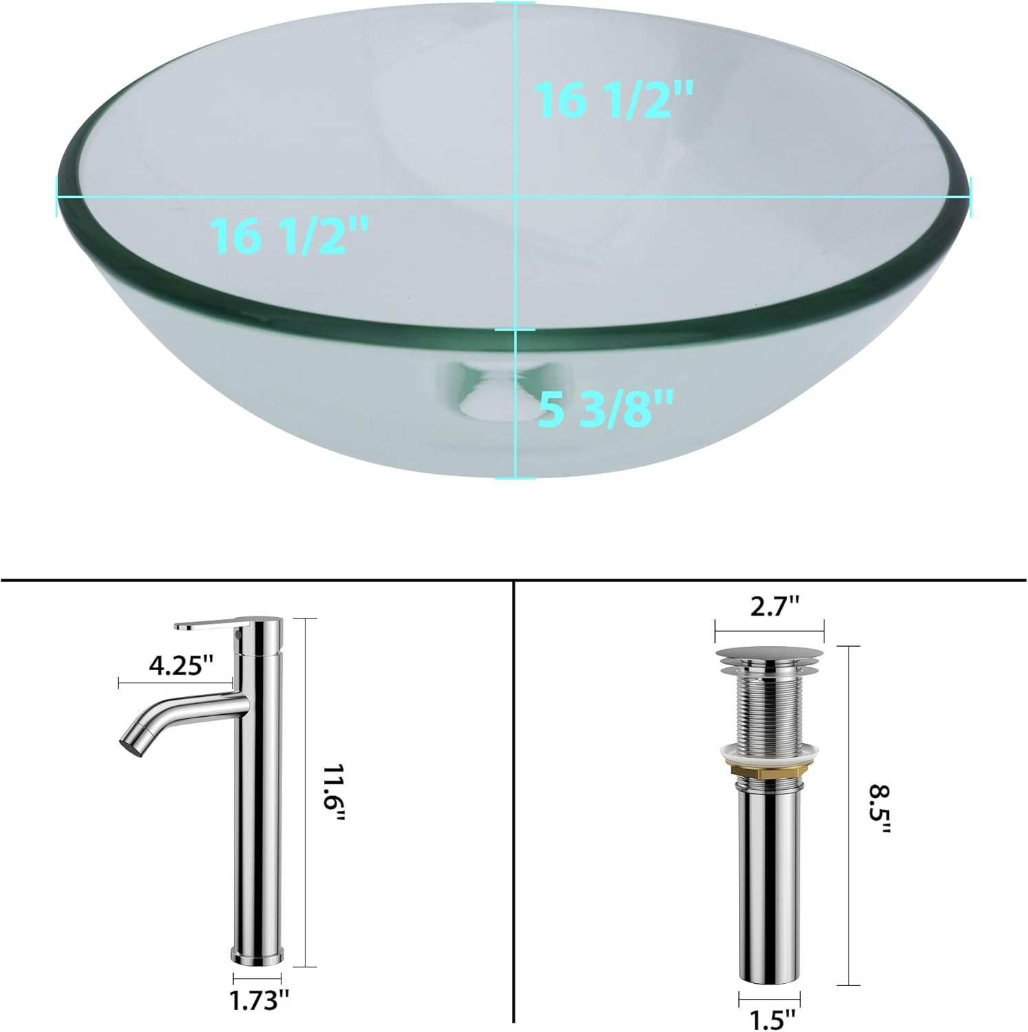 Logmey 16" Glass Bathroom Vessel Sink with Faucet and Pop up Drain Set,Countertop Round Bowl Glass Art Basin,Clear