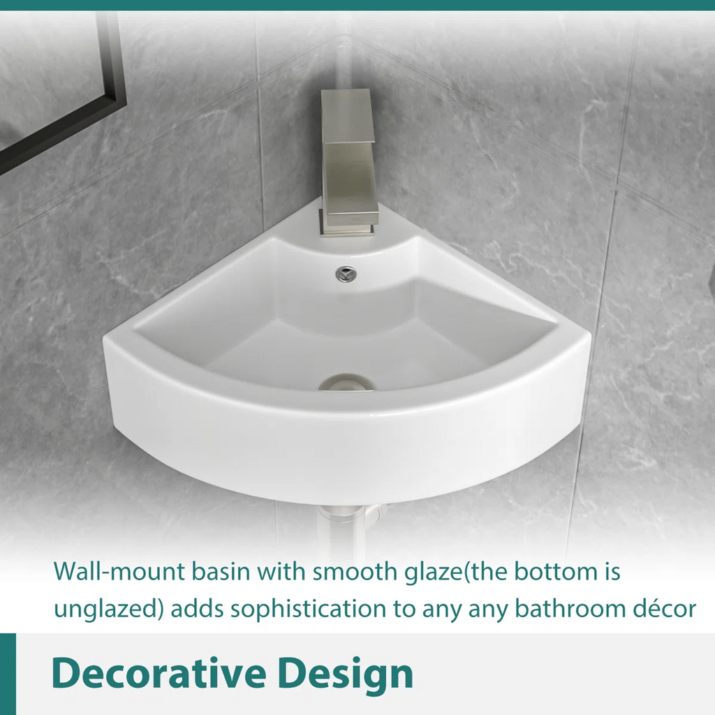 Logmey 18" Corner Wall Mounted Sink - White Floating Triangle Ceramic Basin