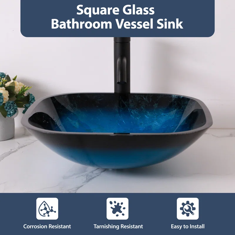 Logmey 16" Square Tempered Glass Bathroom Vessel Sink Set with Faucet