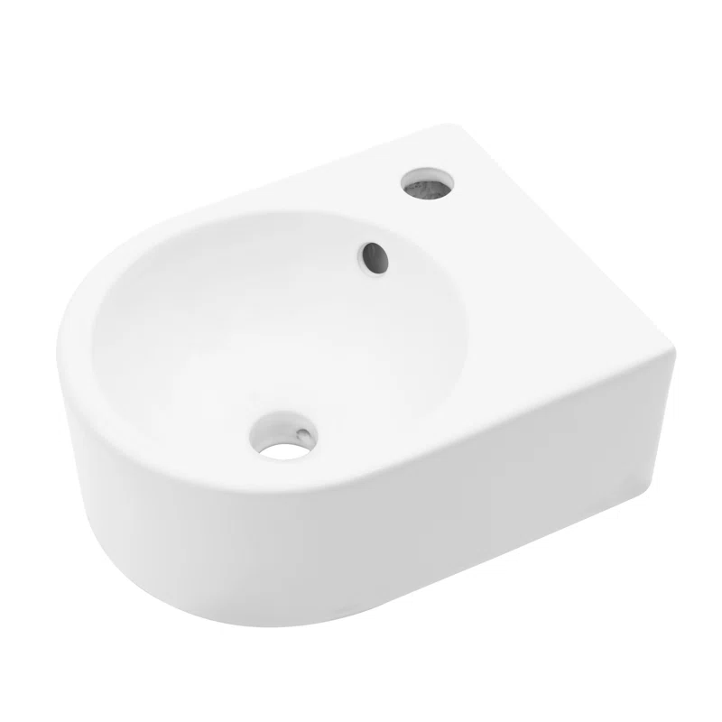 Logmey 10" x 13" Wall Mounted Bathroom Sink - Compact White Ceramic Circular Wall Hung Basin with Faucet Hole