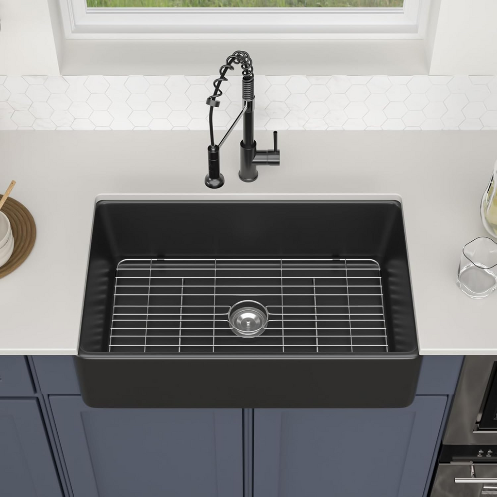 Logmey 33"L x 20"W Farmhouse Kitchen Sink - Apron Front Single Bowl - Matte Black & White Fireclay Ceramic Sink