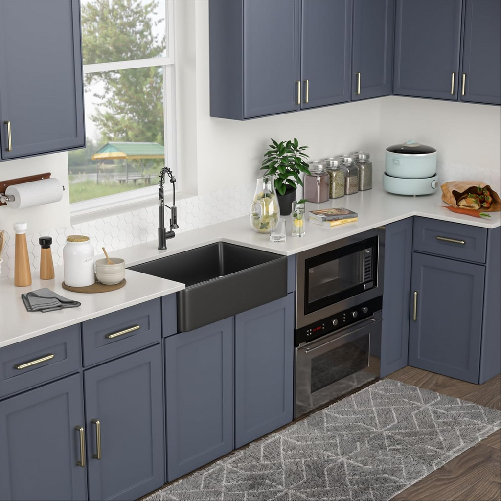 Logmey 33"L x 20"W Farmhouse Kitchen Sink - Apron Front Single Bowl - Matte Black & White Fireclay Ceramic Sink