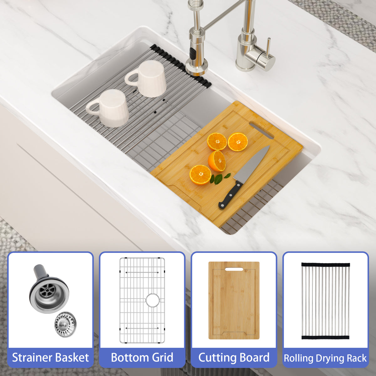 Logmey 30'' x 19 ''Undermount White Quartz Composite Workstation Kitchen Sink