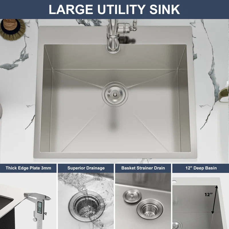 LOGMEY 22'' x 22''Drop-in Topmount Laundry Utility Sink - 16 Gauge Stainless Steel 12'' Extra Deep Single Bowl with Bottom Grid & Strainer