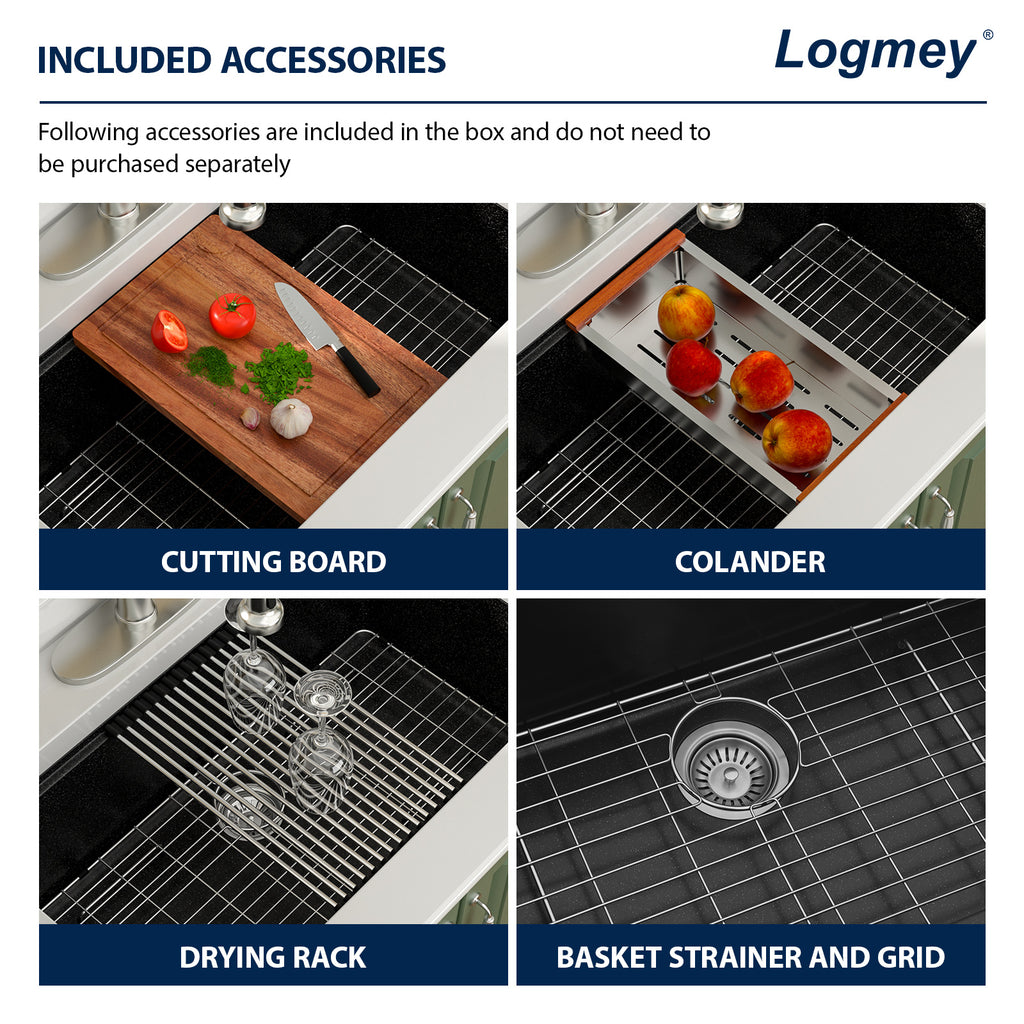 Logmey 33x19 Seamless Undermount Black Quartz Kitchen Sink Combo