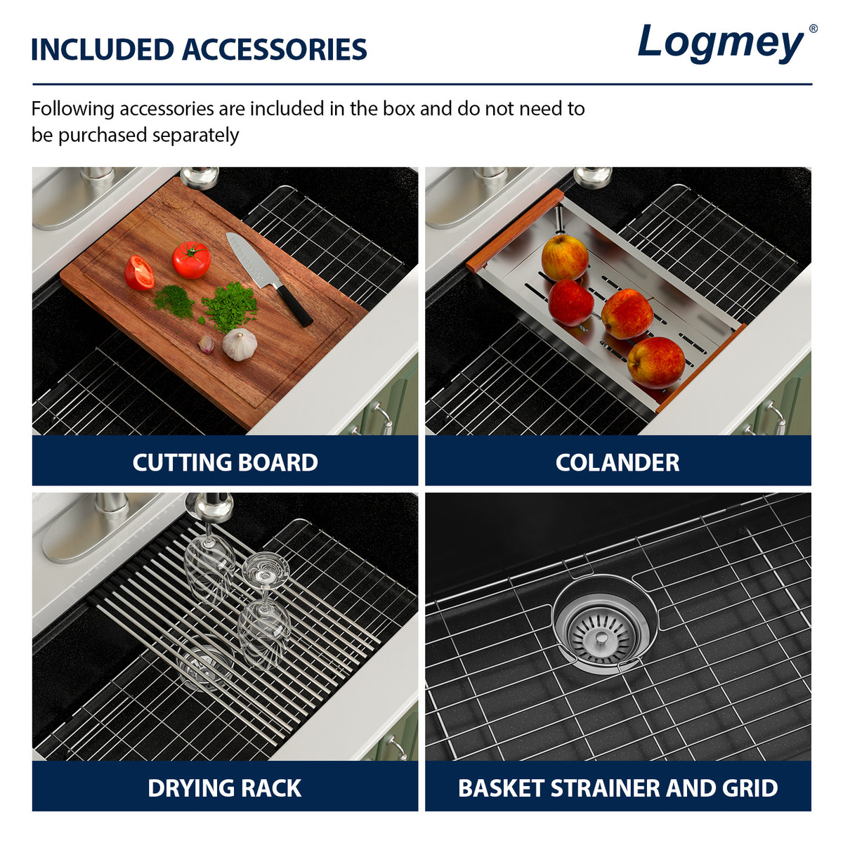 Logmey 33x19 Seamless Undermount Black Quartz Kitchen Sink Combo