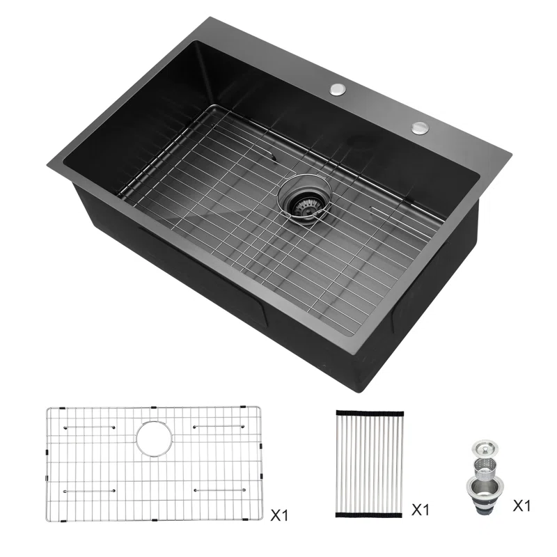 Logmey 30" x 22" Drop-in Kitchen Sink - Gunmetal Black Stainless Steel Single Bowl Topmount Sink