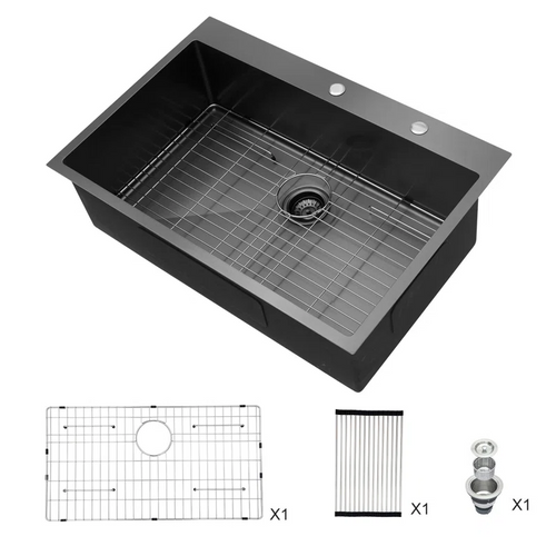 Logmey 30" x 22" Drop-in Kitchen Sink - Gunmetal Black Stainless Steel Single Bowl Topmount Sink