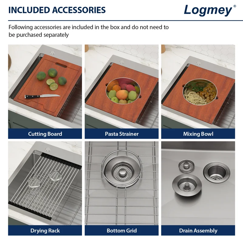 Logmey 45'' Kitchen Sink - Drop-In Single Bowl R10 Round Corner - Silver Stainless Steel Workstation with Premium Mahogany Accessories
