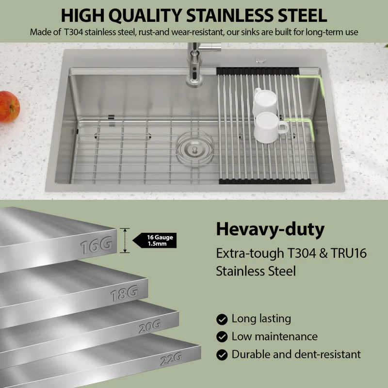 Logmey 30'' x 22''Drop-In Workstation Kitchen Sink - 16 Gauge SUS304 Stainless Steel Single Bowl Topmount Basin with Accessories