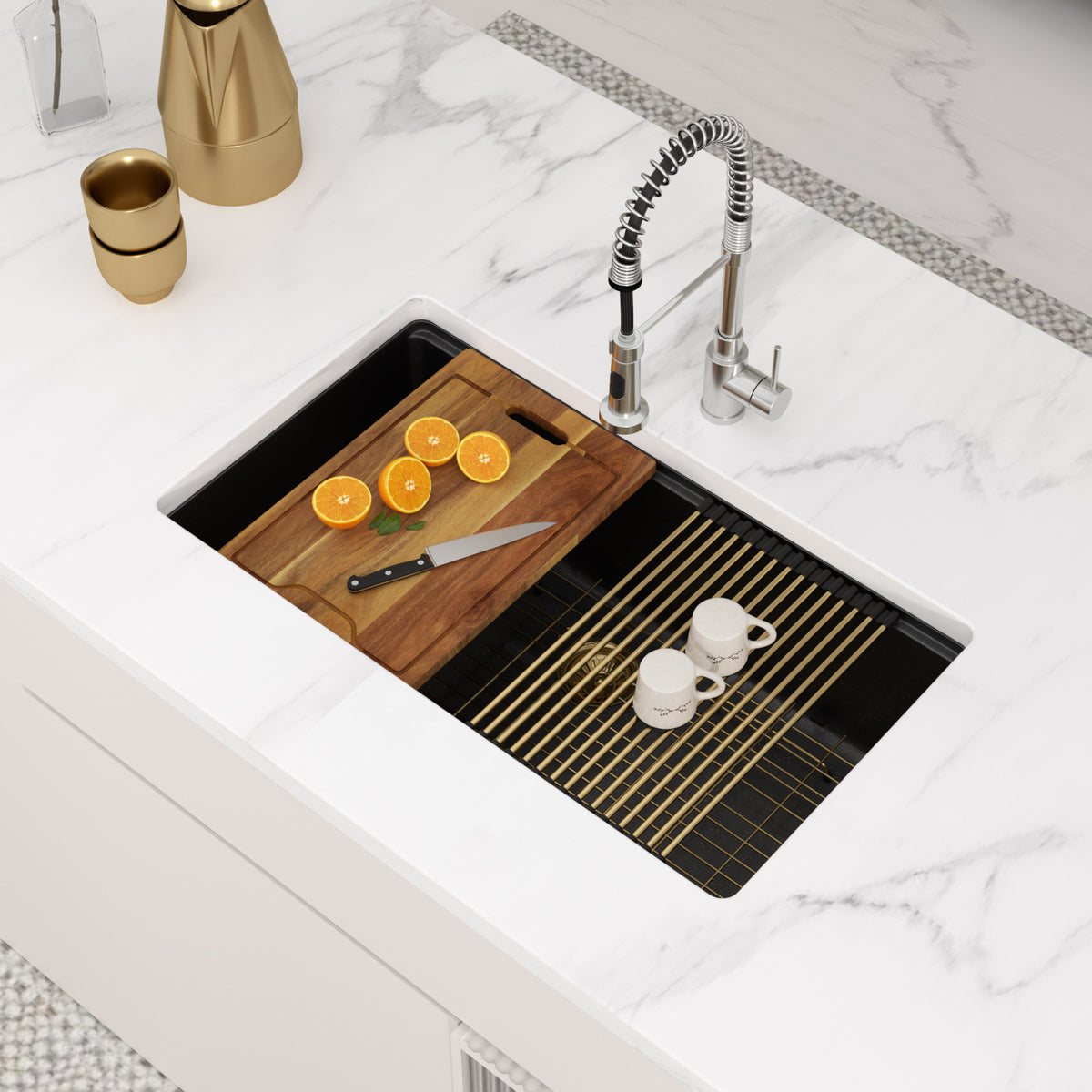Logmey 33 Inch Black Granite Composite Kitchen Sink Workstation with Brushed Gold Accessories