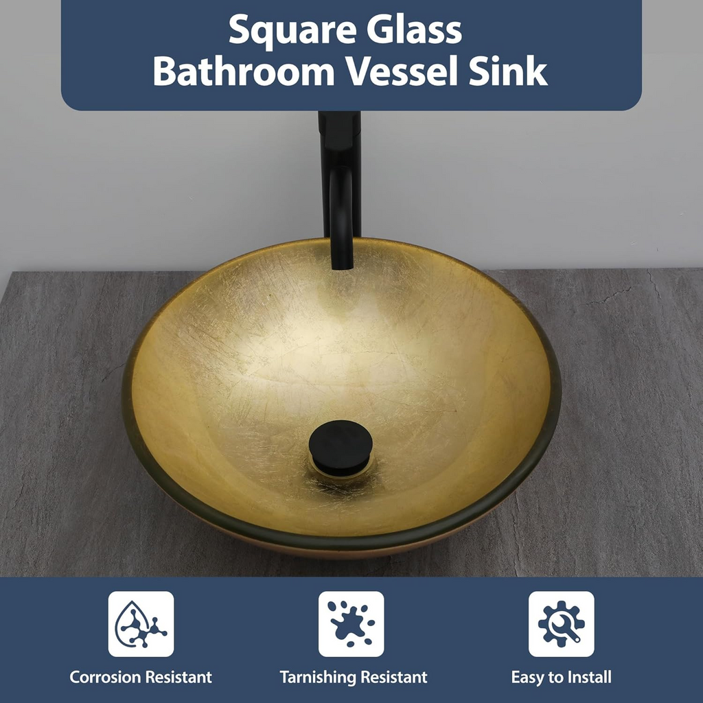 Logmey 16" Glass Bathroom Vessel Sink Vanity Countertop Round Bowl with Black Faucet and Chrome Pop up Drain Set,Glass Art Basin,Light Golden Amber