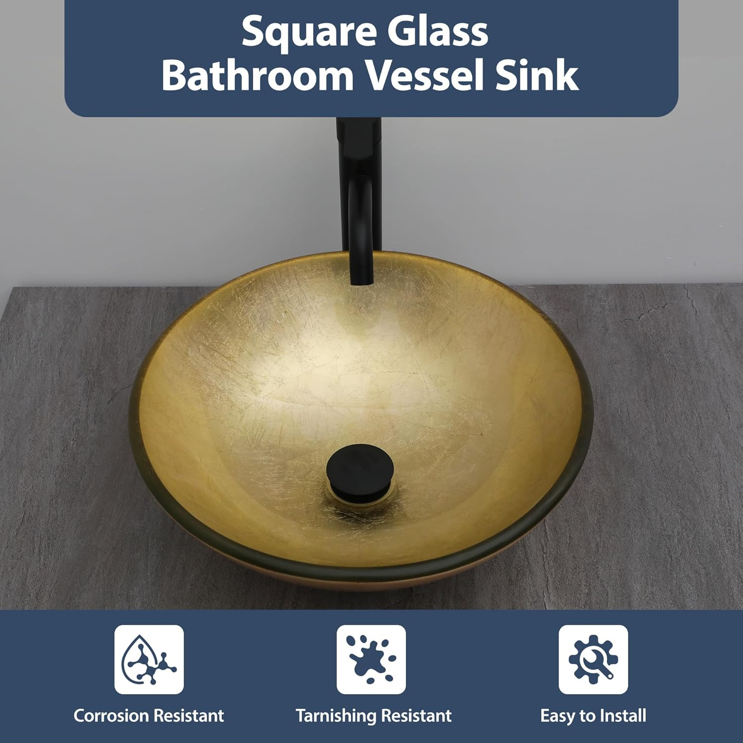 Logmey 16" Glass Bathroom Vessel Sink Vanity Countertop Round Bowl with Black Faucet and Chrome Pop up Drain Set,Glass Art Basin,Light Golden Amber