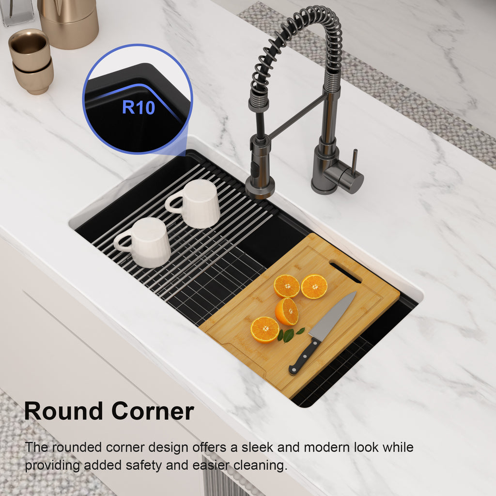 Logmey 32 Inch Black Quartz Composite Kitchen Sink, Undermount Single Bowl Workstation Sink with Drying Rack & Bamboo Cutting Board