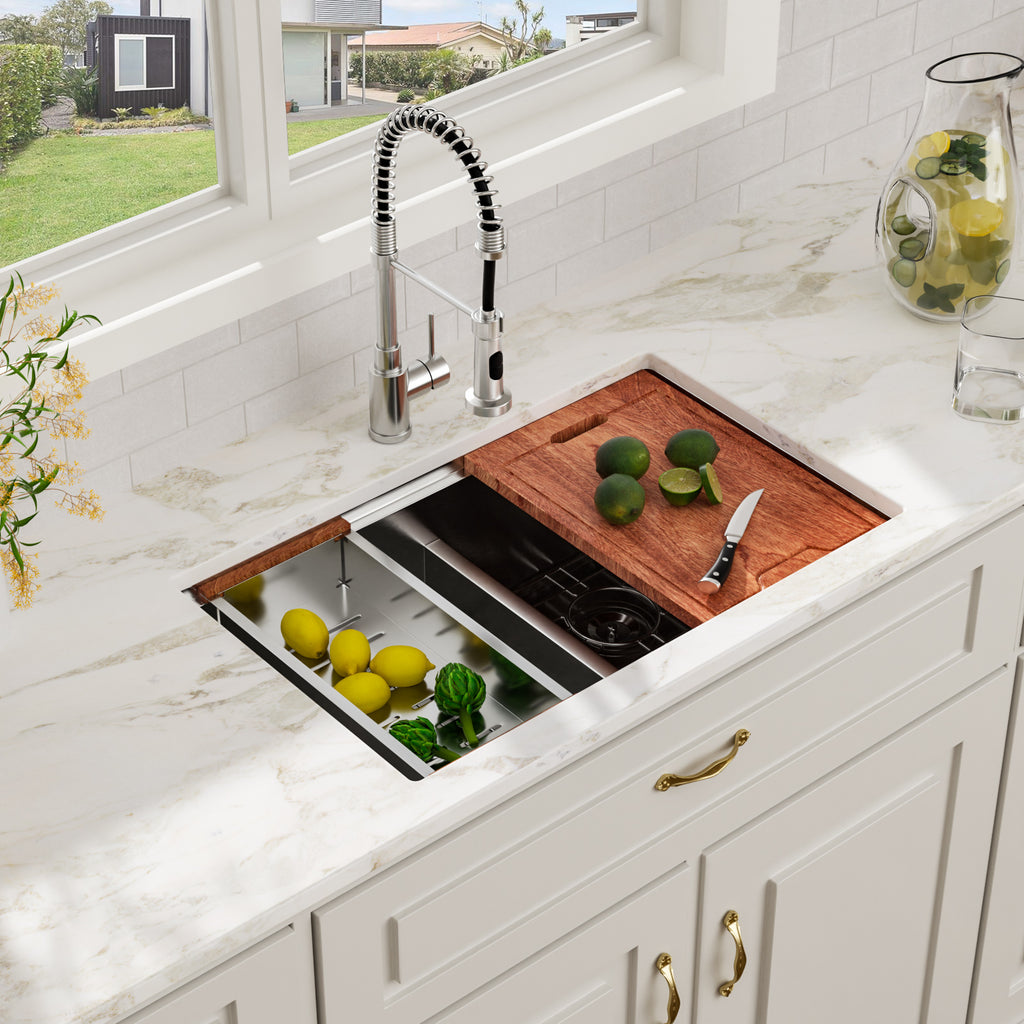 Logmey 30 Inch Low-Divide Workstation Undermount Kitchen Sink 50/50 Double Sink