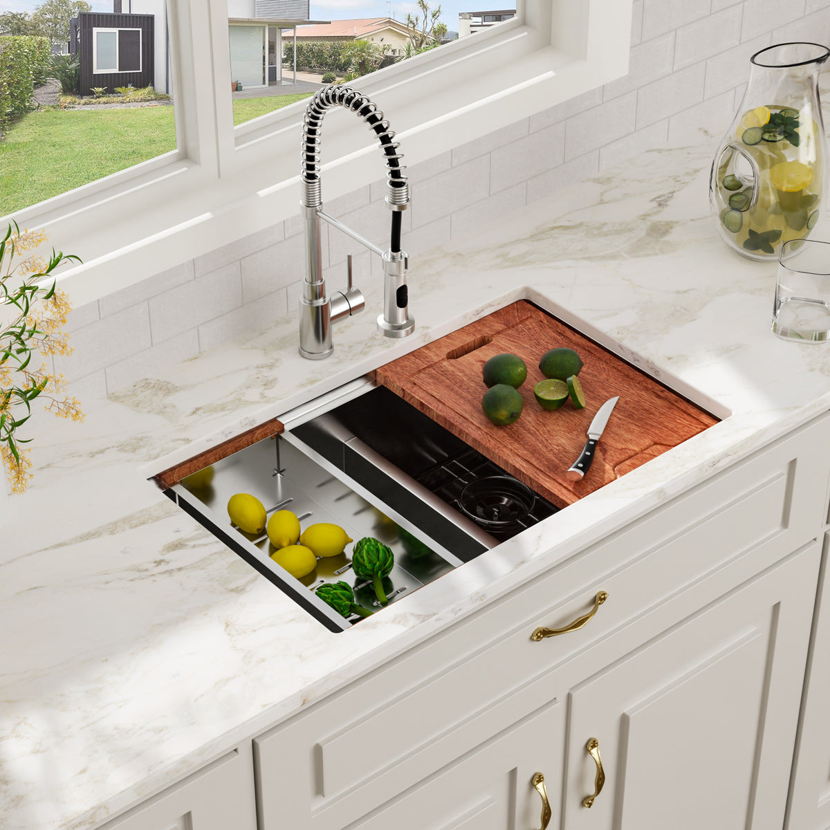 Logmey 30 Inch Low-Divide Workstation Undermount Kitchen Sink 50/50 Double Sink
