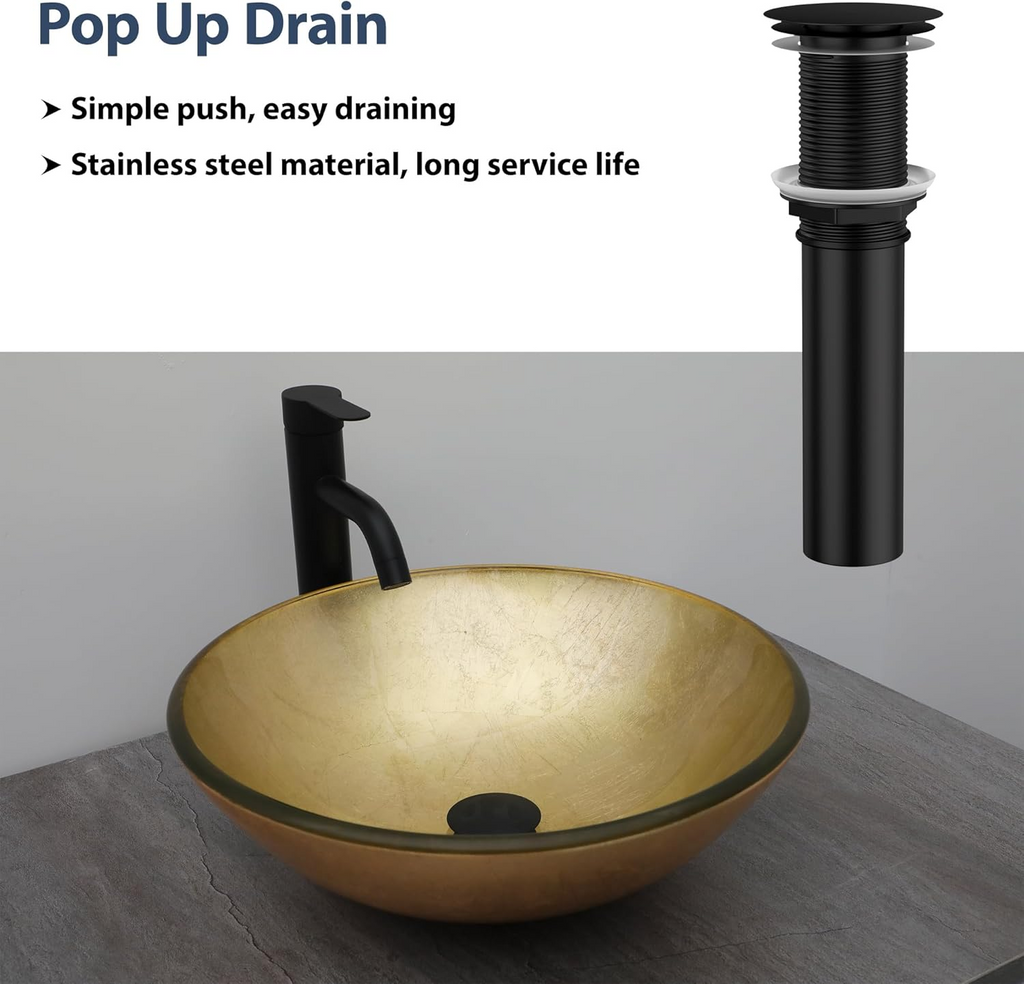Logmey 16" Glass Bathroom Vessel Sink Vanity Countertop Round Bowl with Black Faucet and Chrome Pop up Drain Set,Glass Art Basin,Light Golden Amber