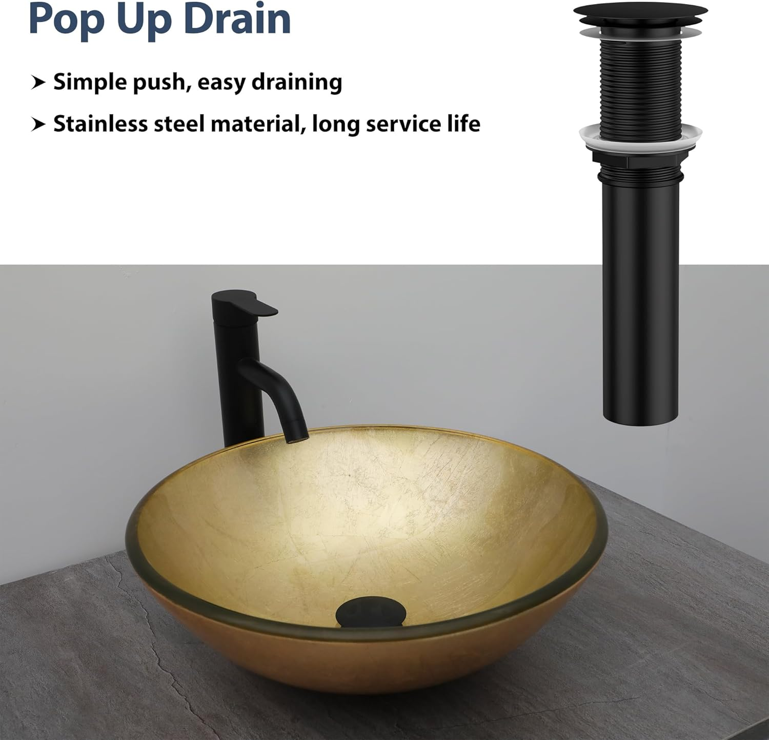 Logmey 16" Glass Bathroom Vessel Sink Vanity Countertop Round Bowl with Black Faucet and Chrome Pop up Drain Set,Glass Art Basin,Light Golden Amber