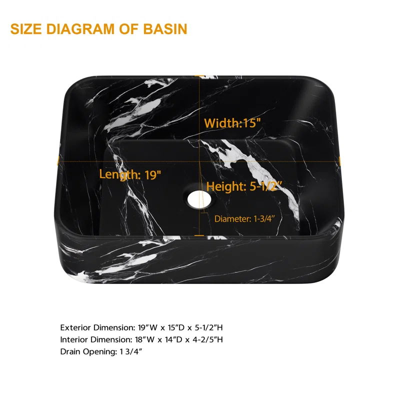 Logmey 19" x 15" Rectangular Bathroom Vessel Sink - Black Marble Vein Ceramic Above-Counter Vanity Basin